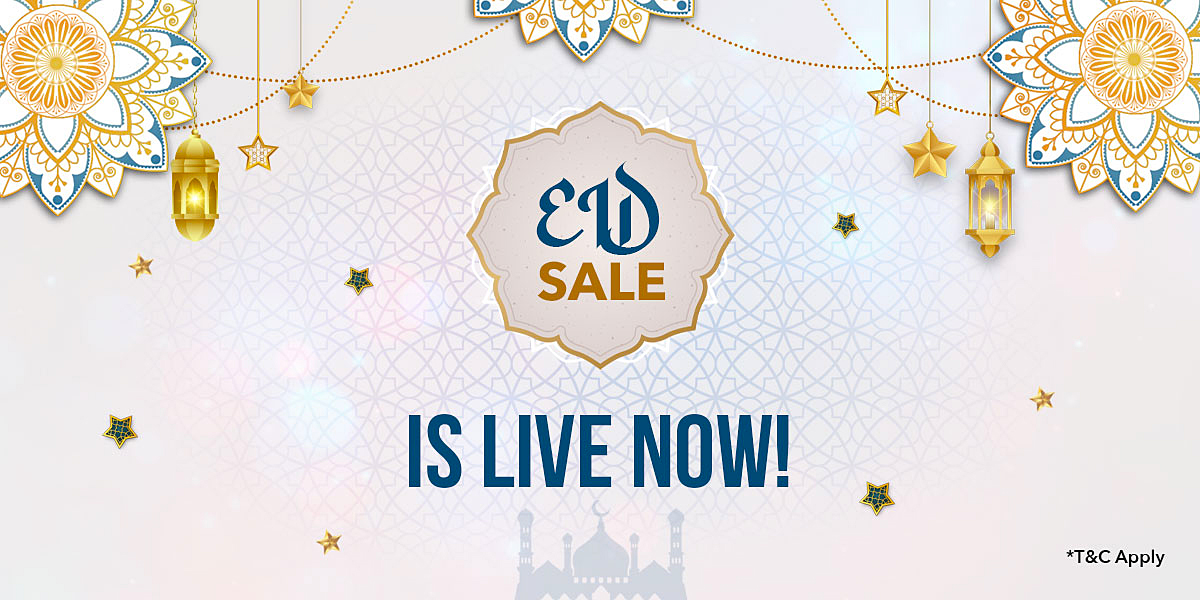 Elegant Eid sale announcement with intricate floral patterns, hanging lanterns, and stars on a light background. Text reads
