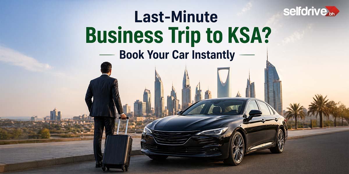 A businessman with luggage stands beside a sleek black car, overlooking a city skyline with tall modern buildings. Text: "Last-Minute Business Trip to KSA? Book Your Car Instantly." Pleasant and professional tone.