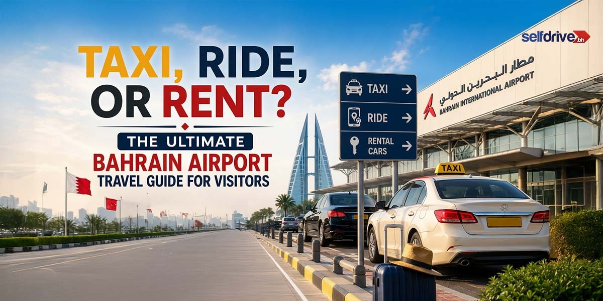 A taxi parked outside Bahrain Airport, awaiting passengers for rides to various locations.