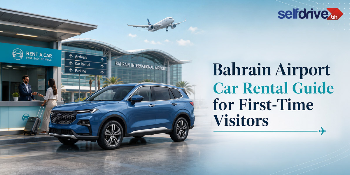"Blue SUV parked outside Bahrain International Airport with a car rental booth nearby. Signage shows directions to arrivals and parking. Plane in the sky. Text reads: Bahrain Airport Car Rental Guide for First-Time Visitors."