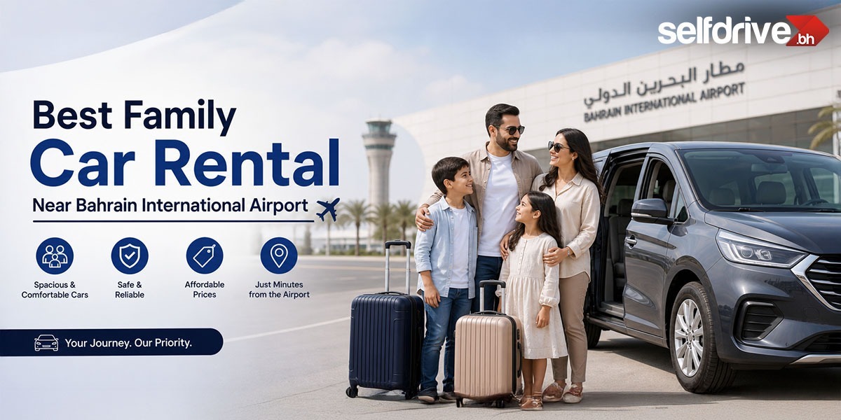 A happy family stands with luggage next to a car outside Bahrain International Airport, with text advertising family car rentals.