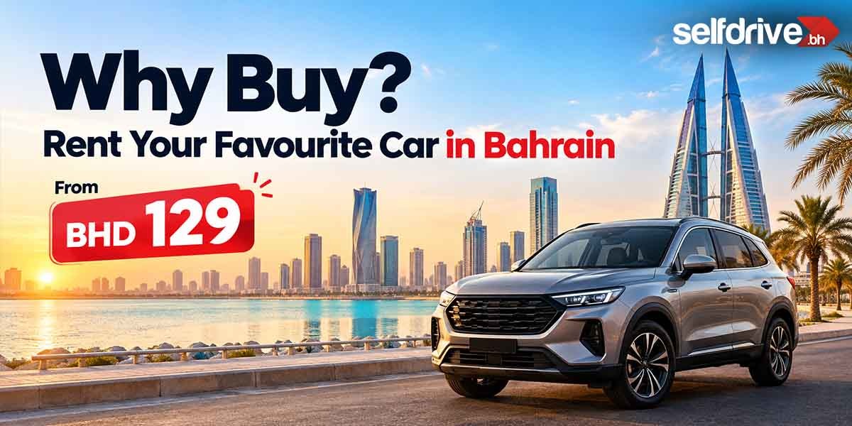 An elegant car showcased wiBahrain's famous architecture in the background, advertising car rental services.